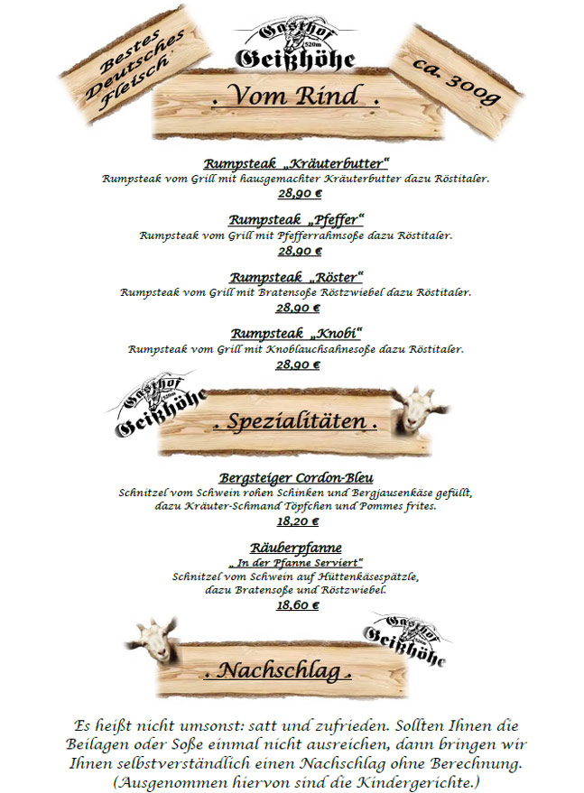 Speisekarte, zur Gei&szlig;&ouml;he